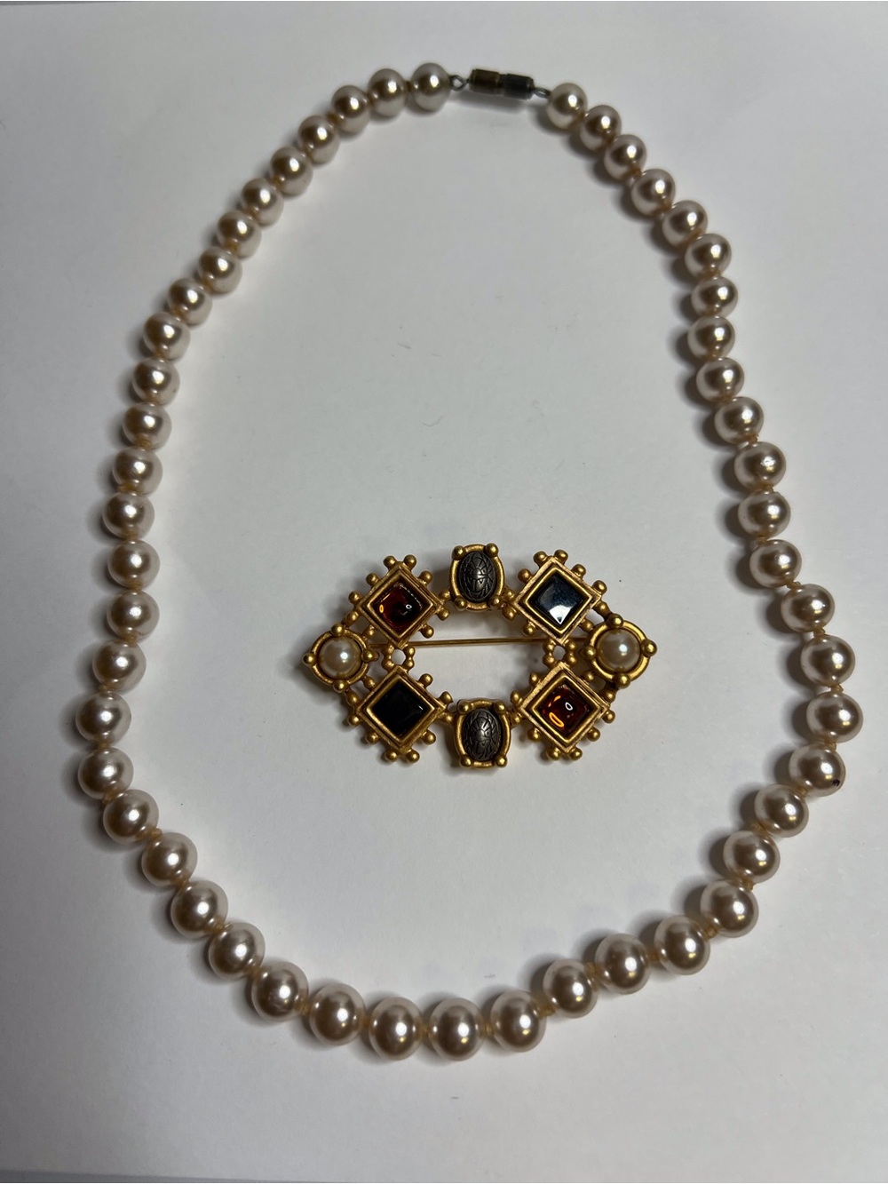 Ivory Pearl Necklace with Gold-Tone Brooch